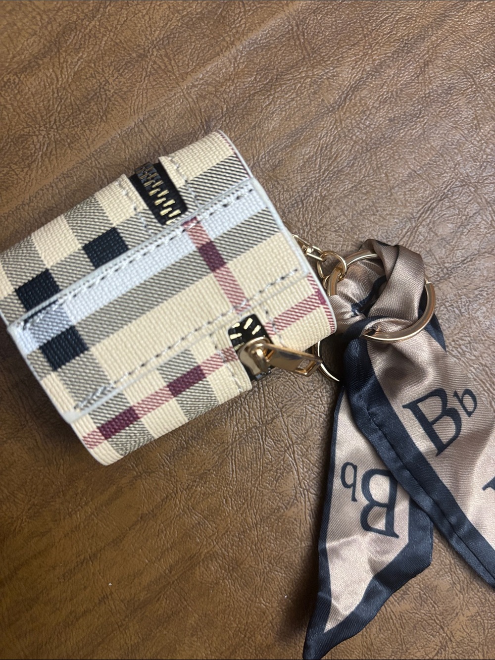 Plaid AirPods Case Keychain with Silk Scarf Accent - Picture 2 of 8